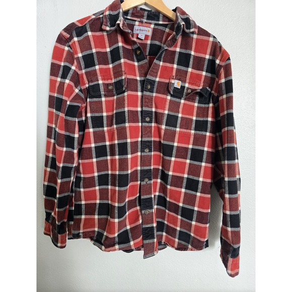 Carhartt Flannel Shirt Plaid Button Up Long Sleeve Red Black‎ Mens Size M - Picture 1 of 8